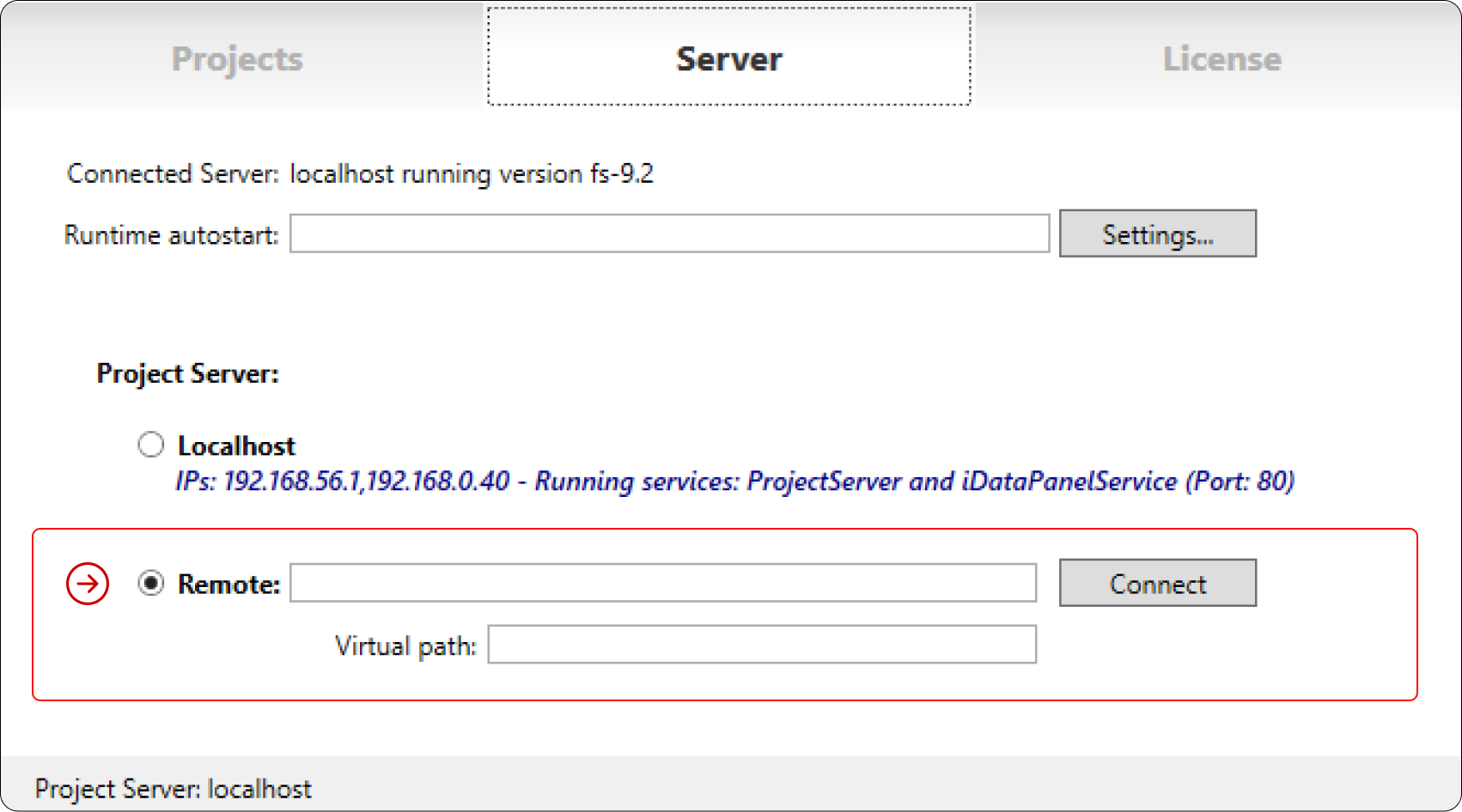 Remote field on Server tab Remote field on Server tab