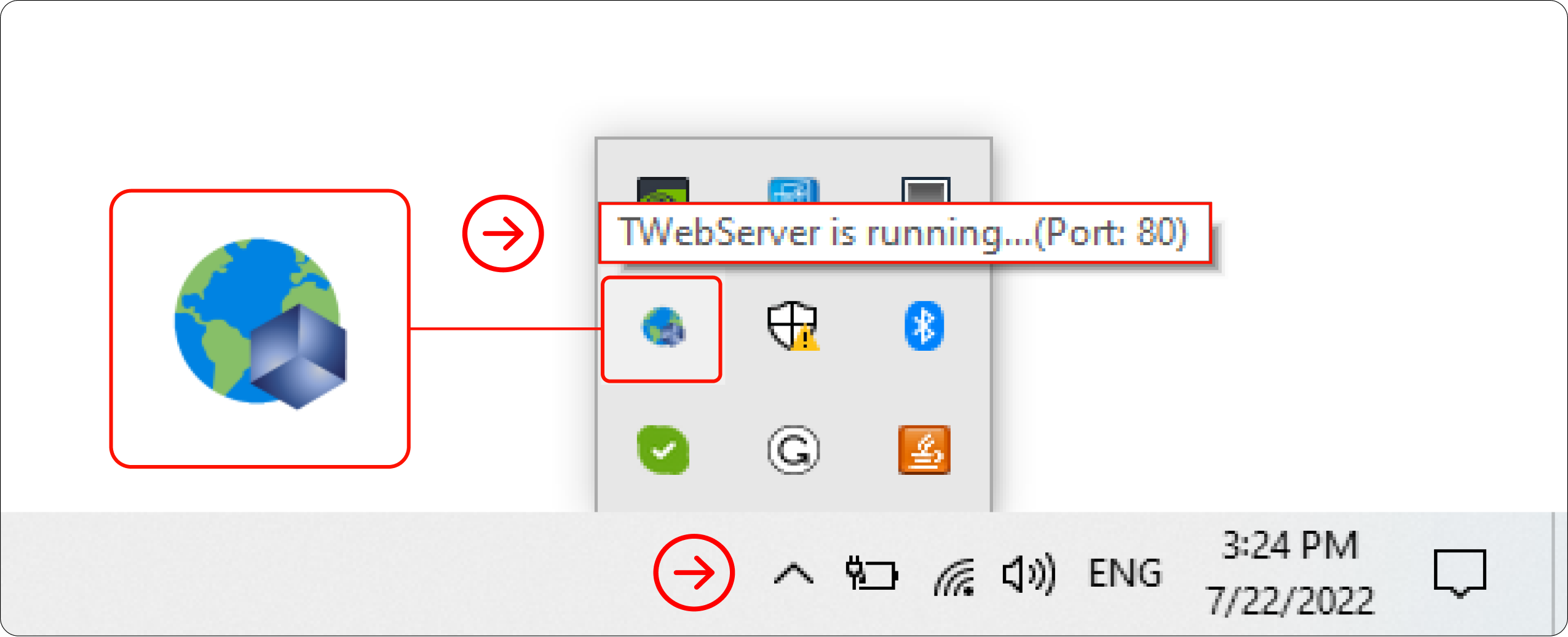 TWebServer icon on Windows tray TWebServer icon on Windows tray