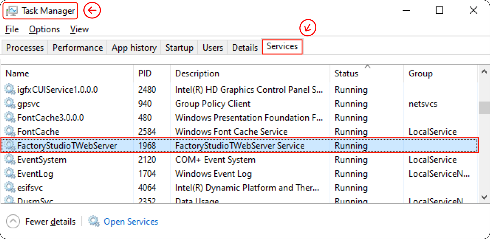 FactoryStudioTWebServer on Task Manager FactoryStudioTWebServer on Task Manager